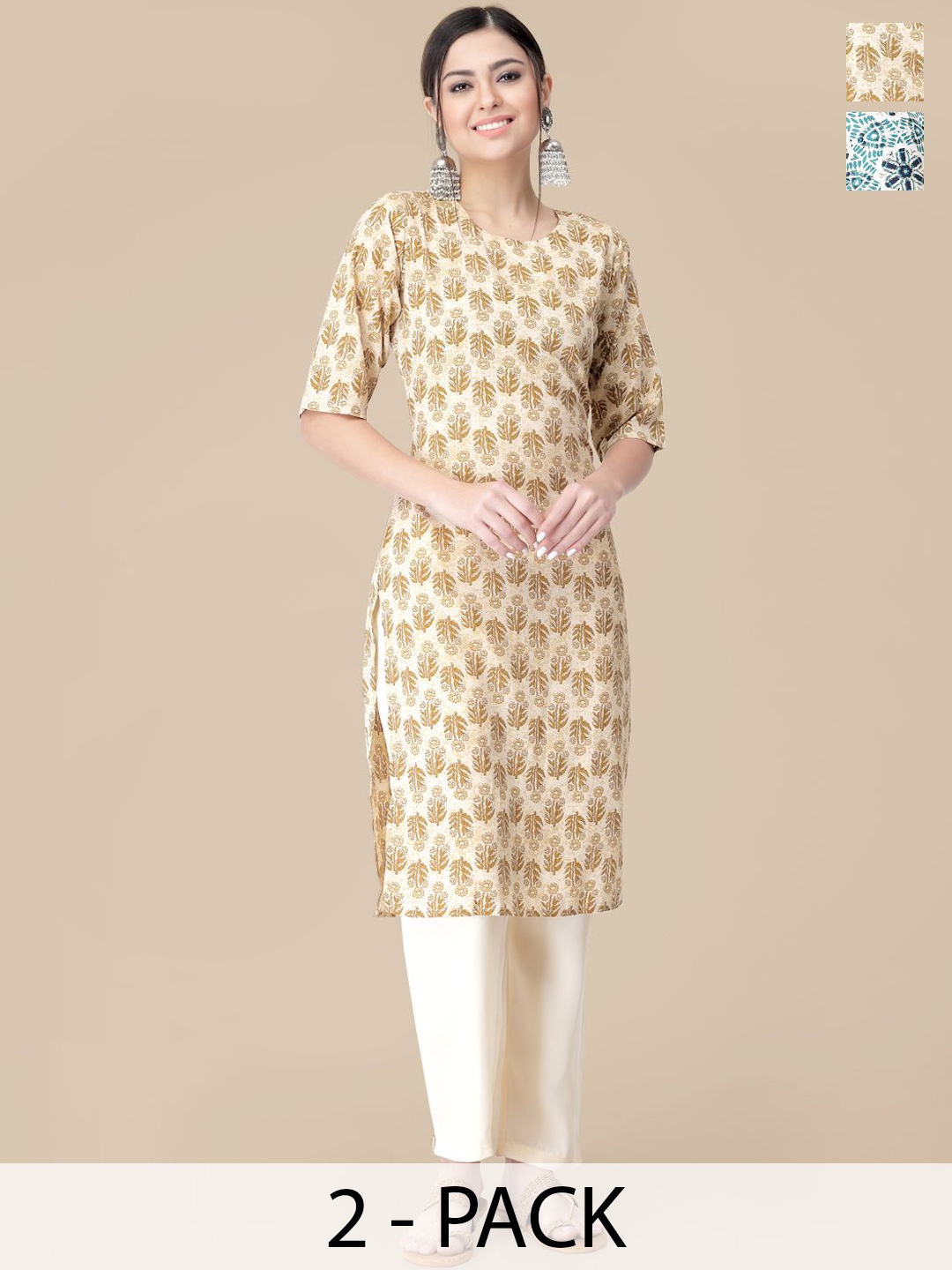 

7Threads Selection Of 2 Floral Printed Straight Kurtas With Trousers, Beige