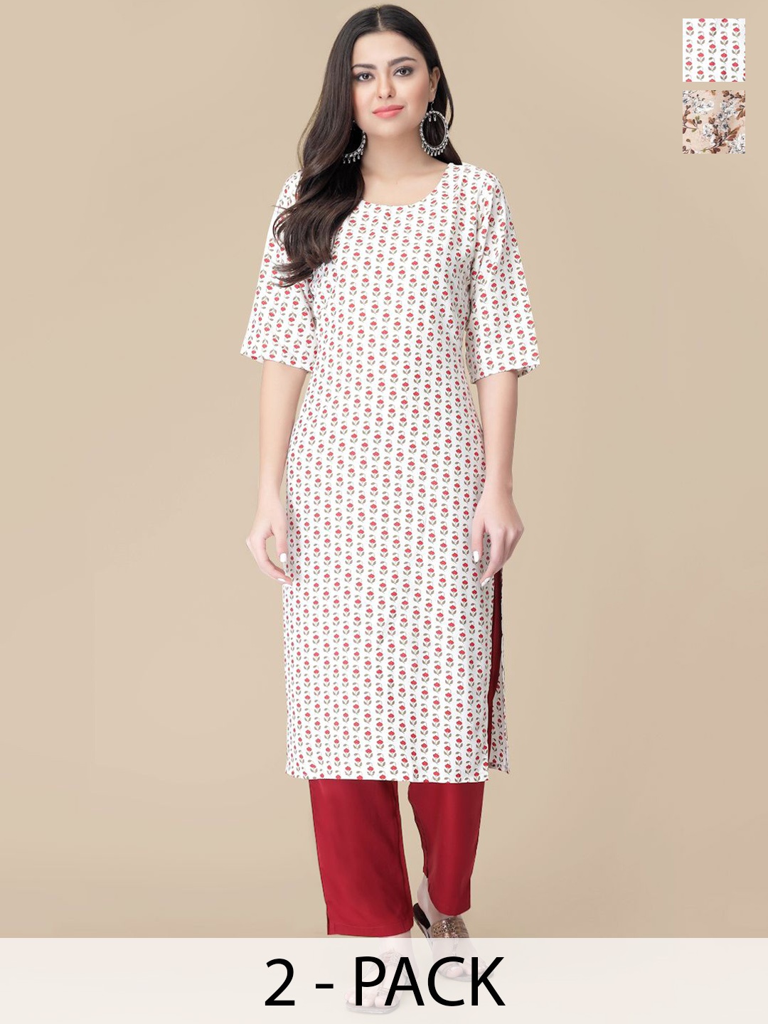 

7Threads Selection Of 2 Floral Printed Straight Kurta With Trousers, White