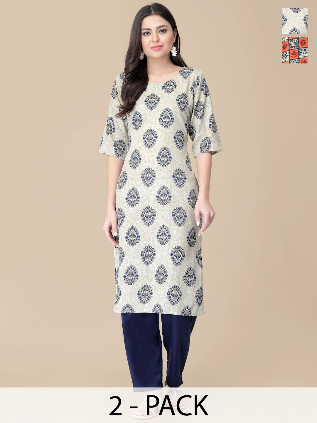 

7Threads Selection Of 2 Ethnic Motifs Printed Straight Kurta With Trousers, Grey