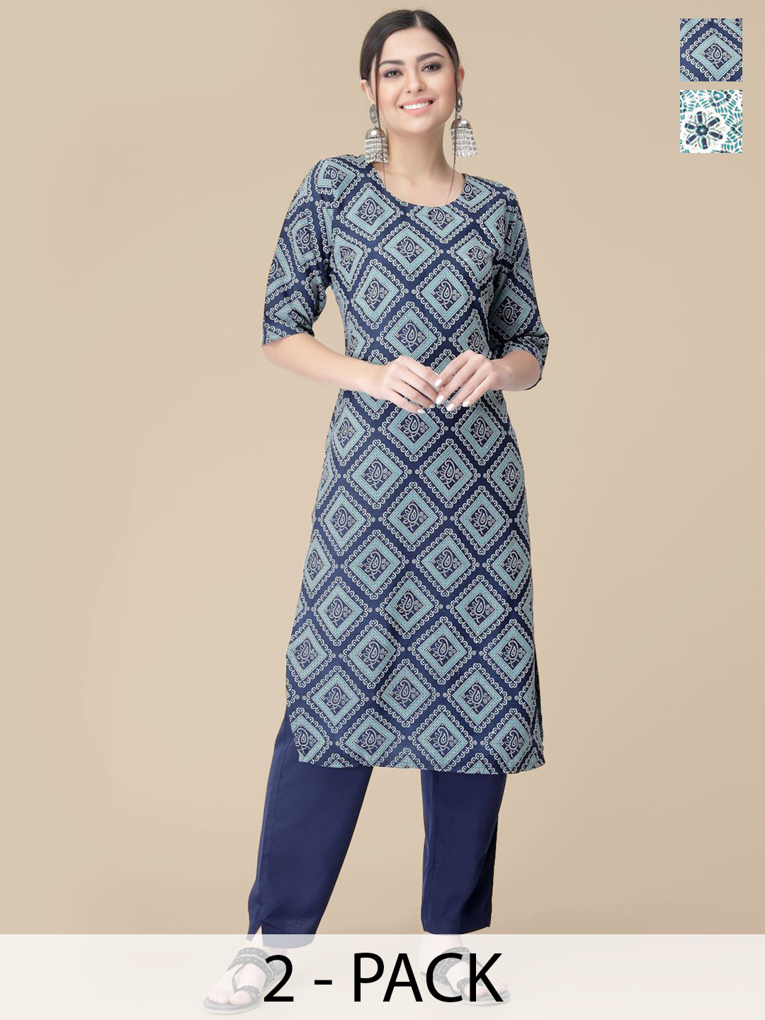 

7Threads Selection Of 2 Ethnic Motifs Printed Straight Kurta With Trousers, Navy blue