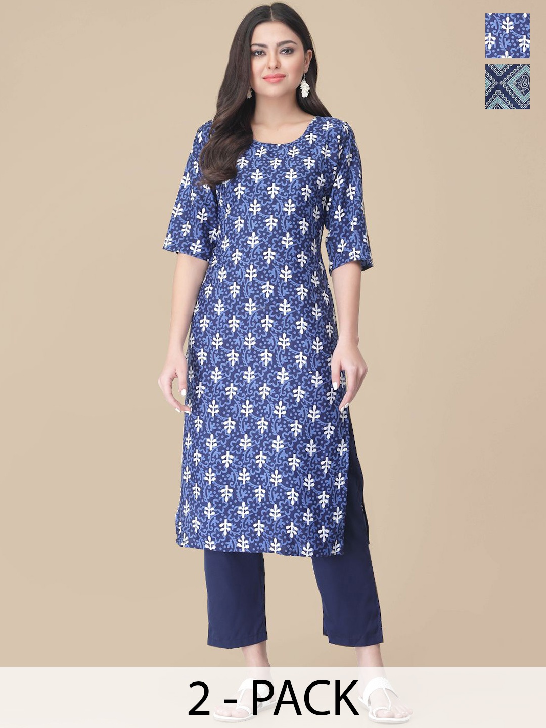 

7Threads Selection Of 2 Floral Printed Straight Kurta With Trousers, Blue