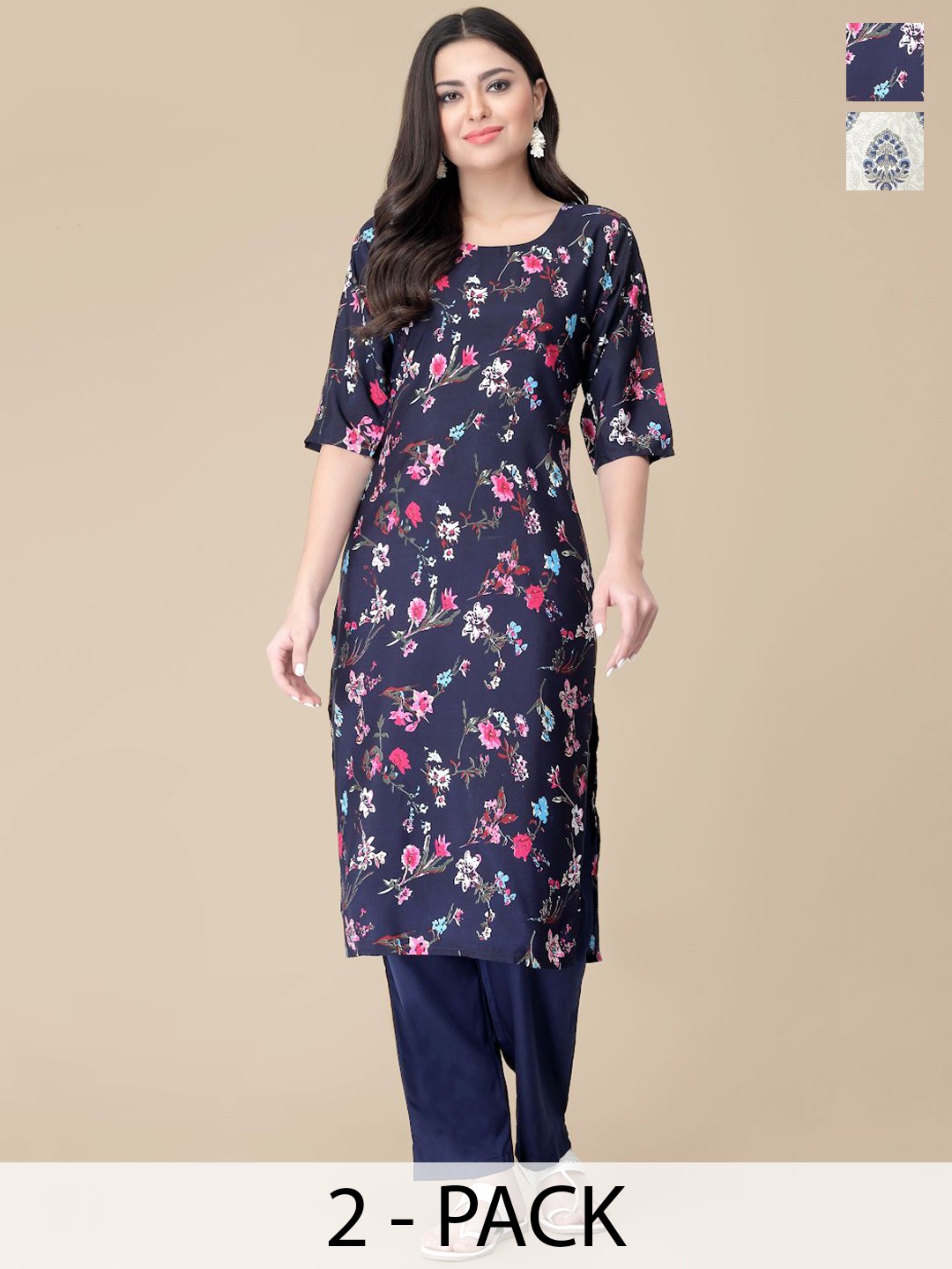 

7Threads Selection Of 2 Floral Printed Straight Kurta With Trousers, Navy blue