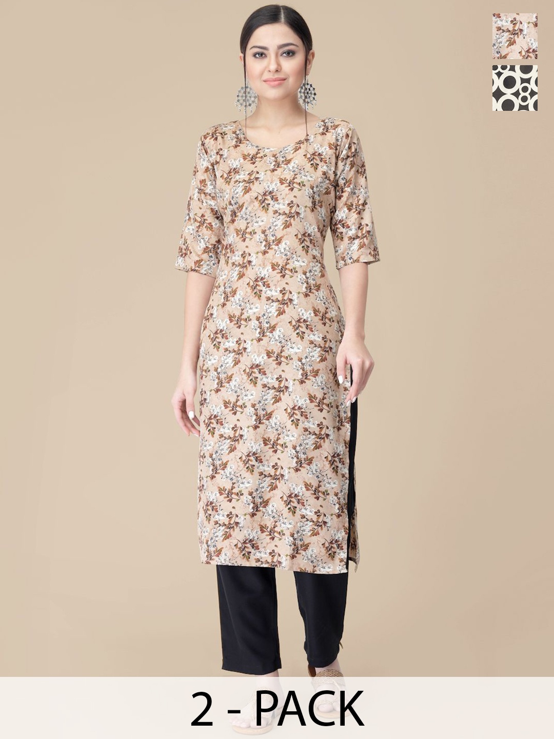 

7Threads Selection Of 2 Floral Printed Straight Kurtas With Trousers, Beige