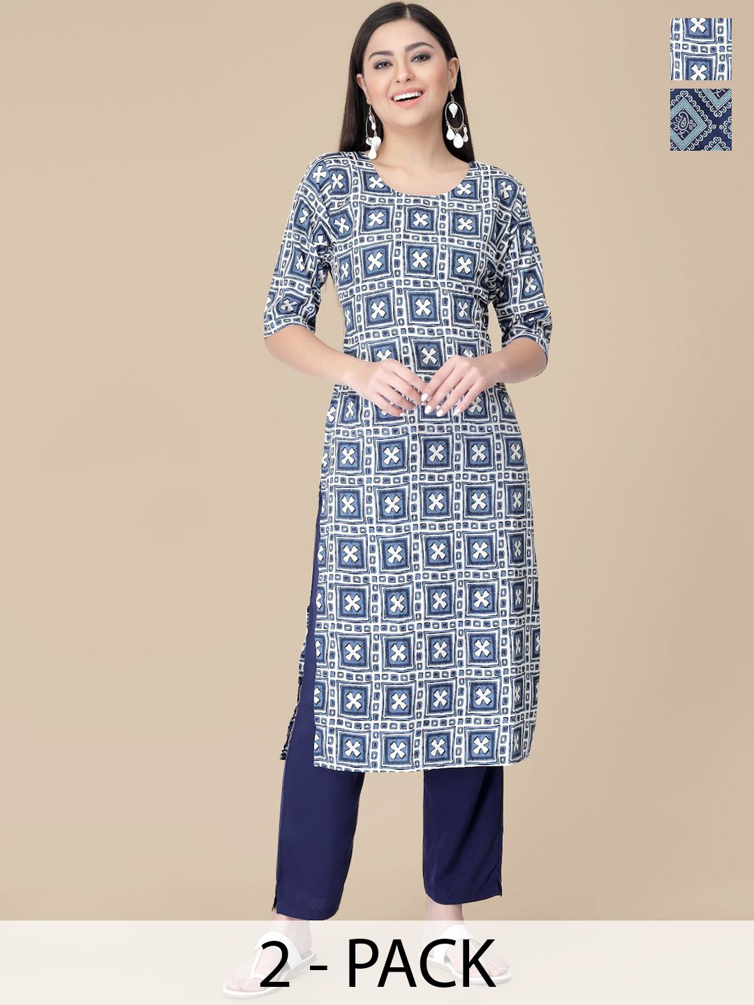 

7Threads Selection Of 2 Geometric Printed Straight Kurta With Trousers, Blue