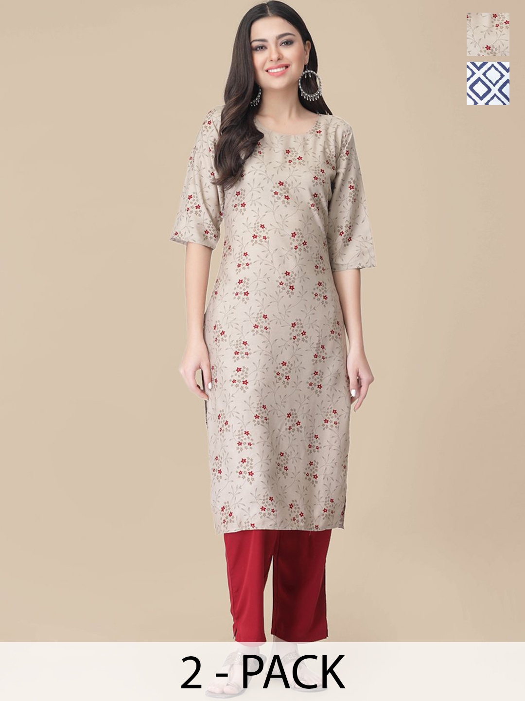 

7Threads Selection Of 2 Floral Printed Straight Kurta With Trousers, Grey
