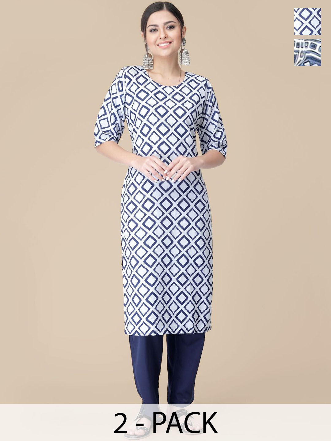 

7Threads Selection Of 2 Geometric Printed Straight Kurta With Trousers, Blue