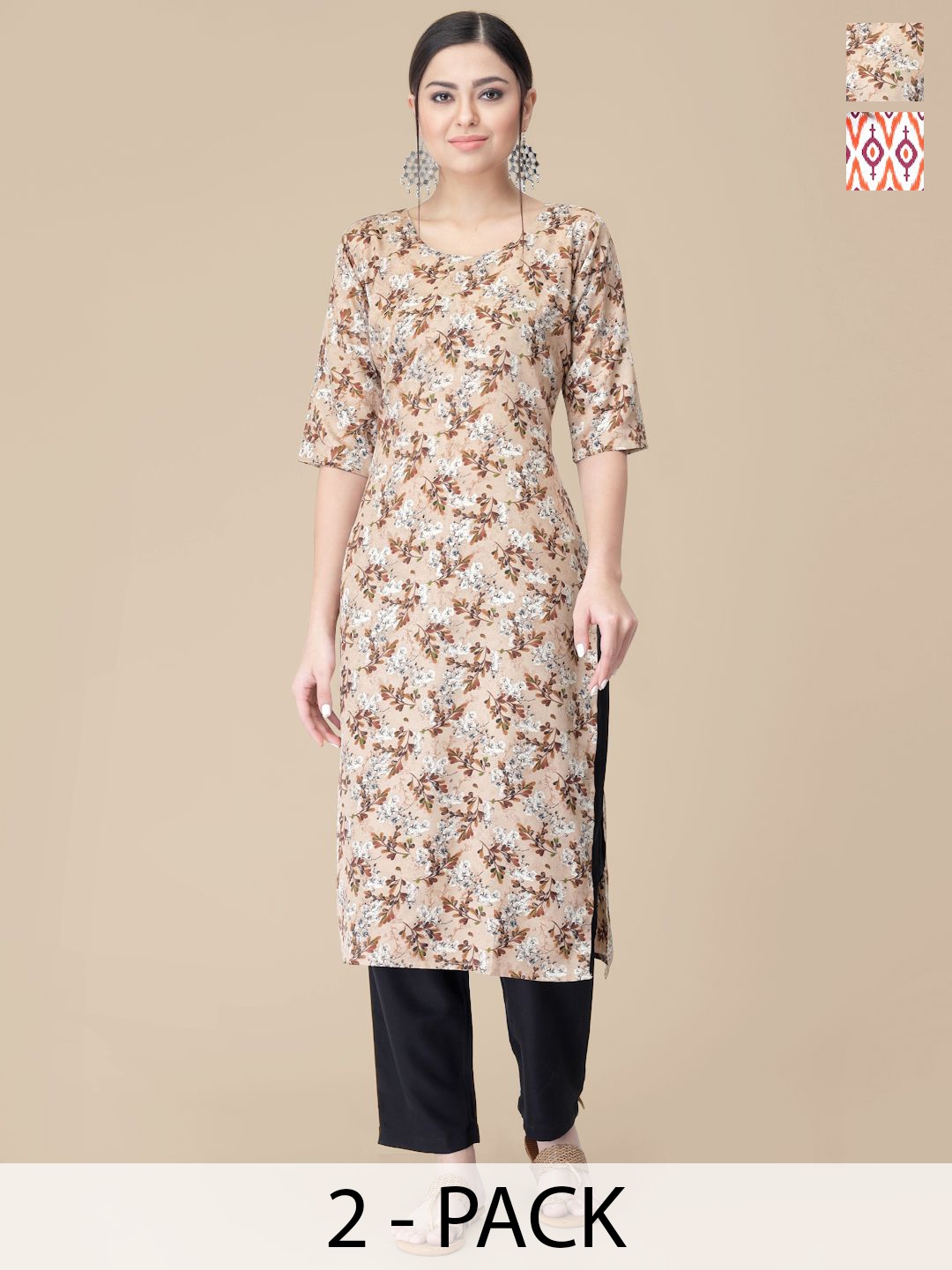 

7Threads Selection Of 2 Floral Printed Straight Kurtas With Trousers, Beige