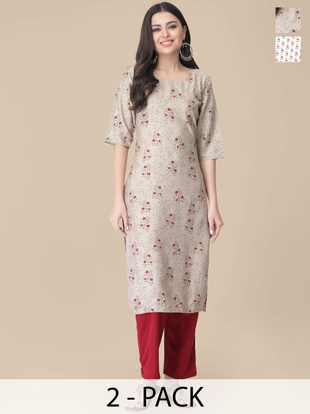 

7Threads Selection Of 2 Floral Printed Straight Kurta With Trousers, Beige