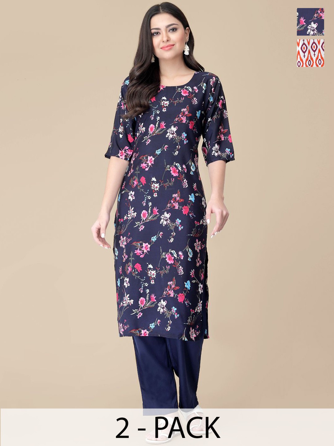 

7Threads Selection Of 2 Floral Printed Straight Kurta With Trousers, Navy blue