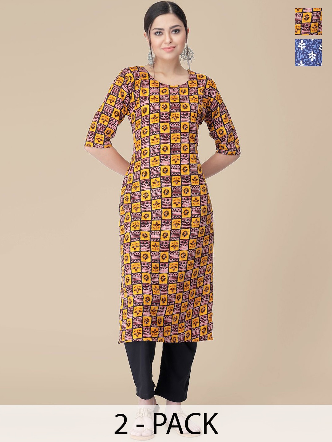 

7Threads Selection Of 2 Ethnic Motifs Printed Straight Kurta With Trousers, Yellow