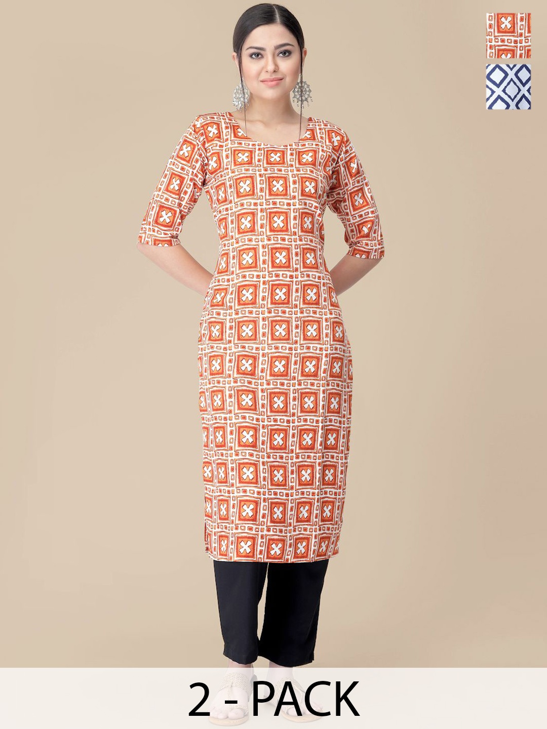 

7Threads Selection Of 2 Ethnic Motifs Printed Straight Kurta With Trousers, Orange