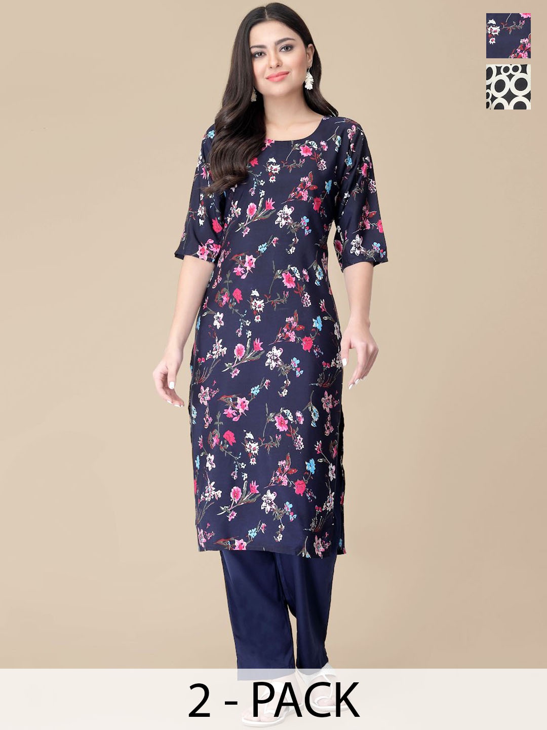 

7Threads Selection Of 2 Floral Printed Straight Kurta With Trousers, Navy blue