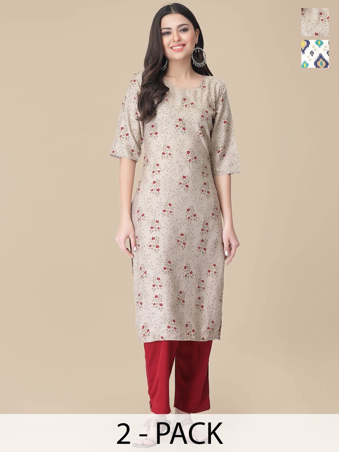 

7Threads Selection Of 2 Floral Printed Straight Kurta With Trousers, Beige