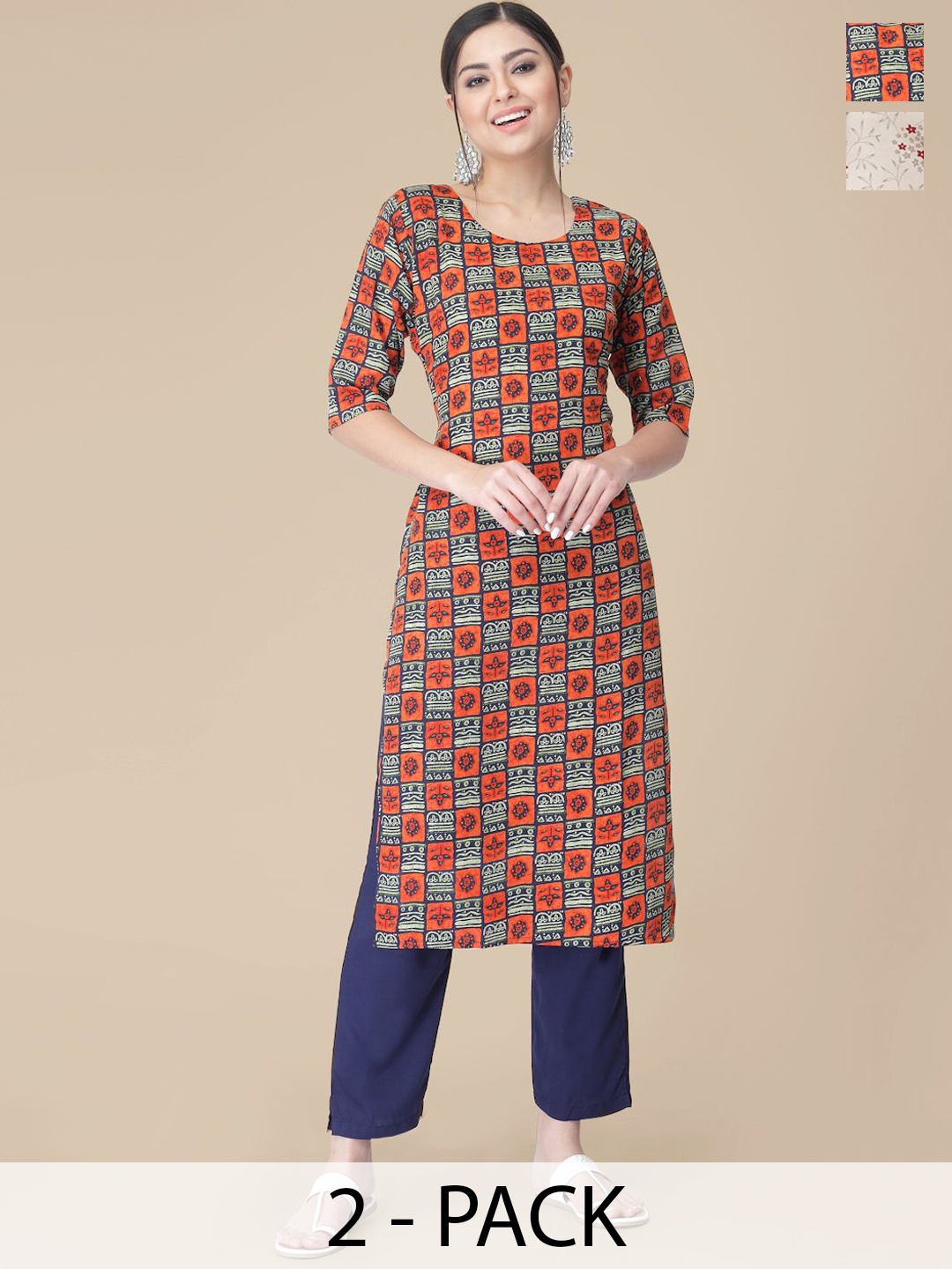 

7Threads Selection Of 2 Ethnic Motifs Printed Straight Kurta With Trousers, Orange