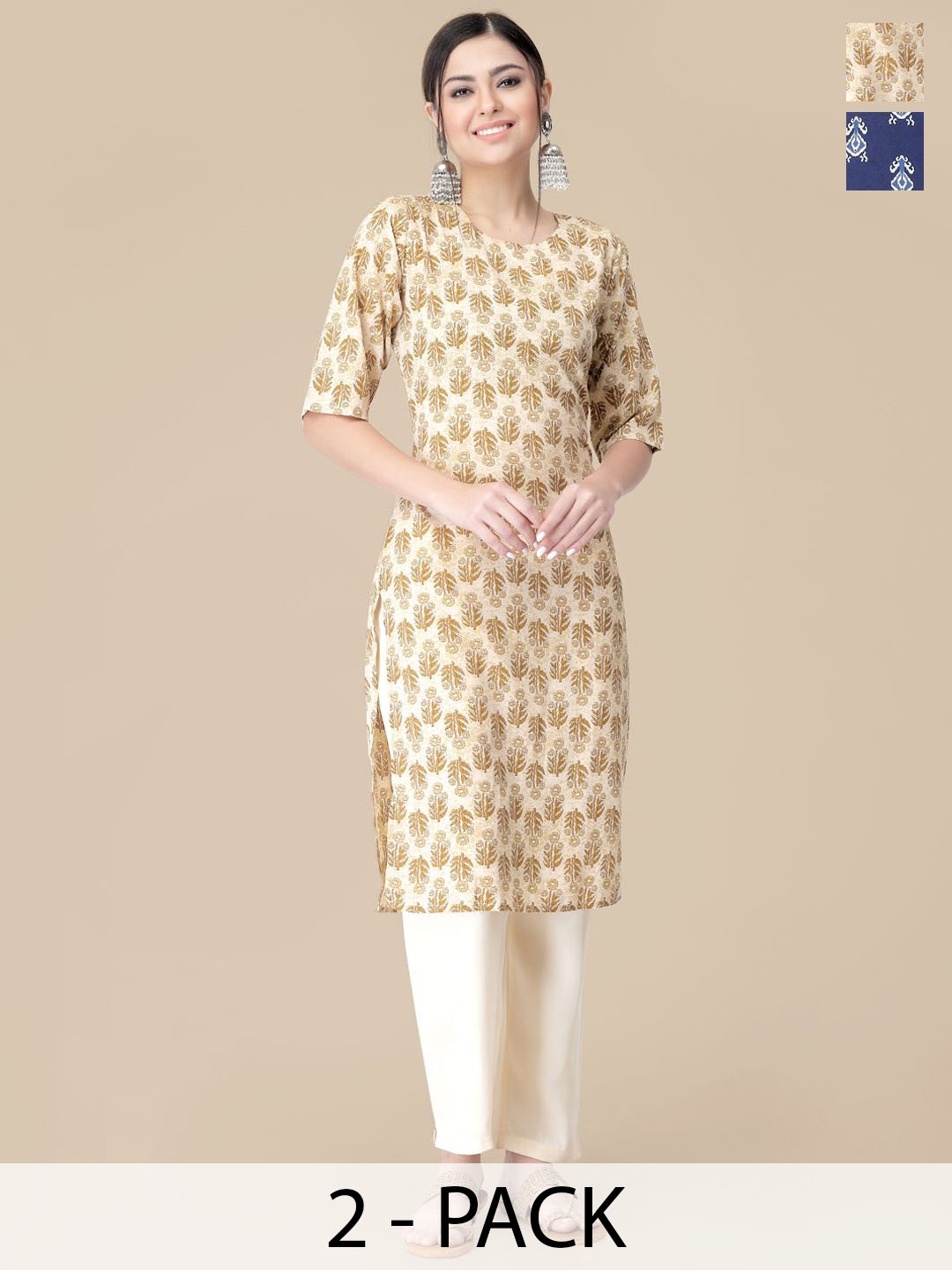 

7Threads Selection Of 2 Floral Printed Straight Kurta With Trousers, Beige