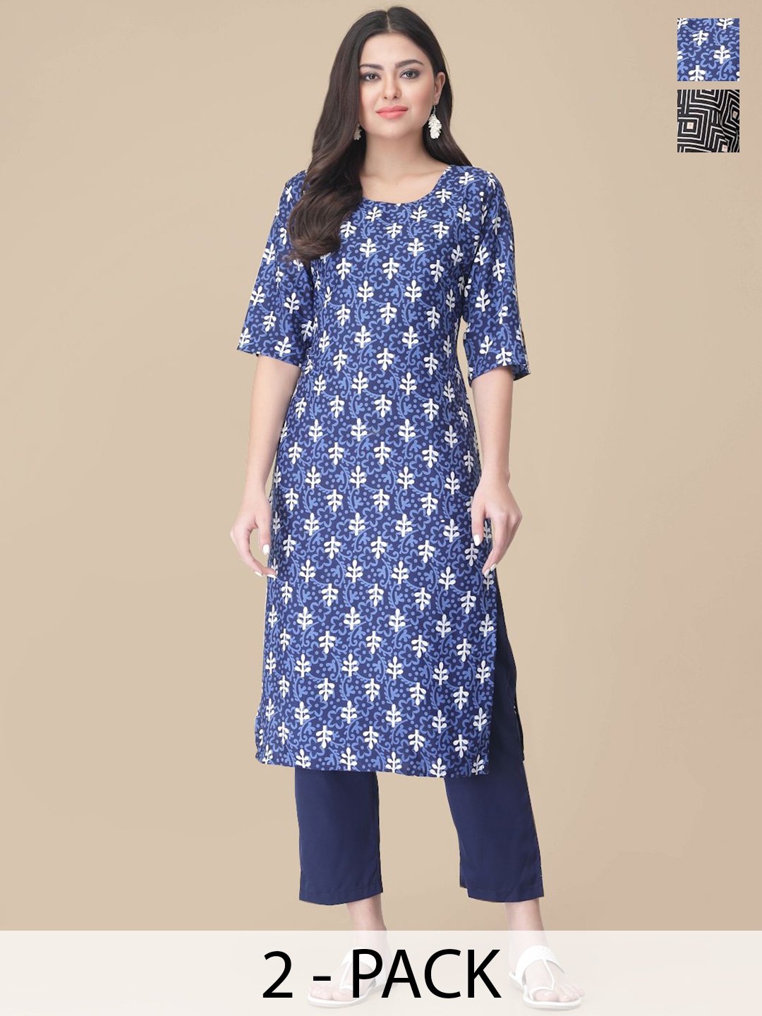 

7Threads Selection Of 2 Floral Printed Straight Kurta With Trousers, Navy blue