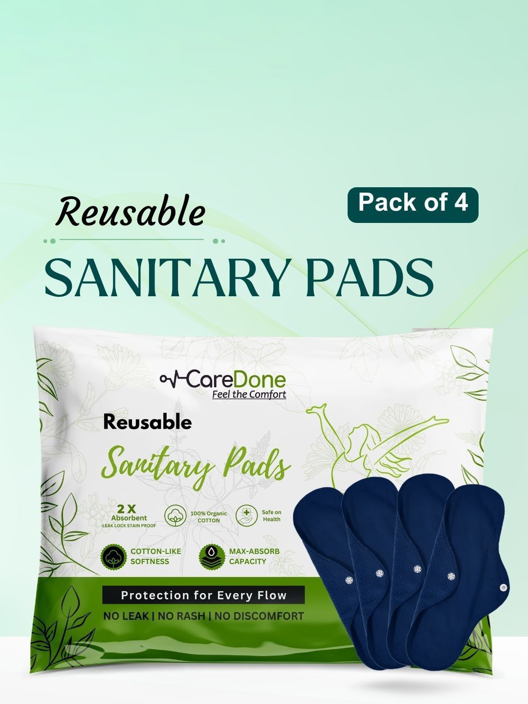 

CareDone Set Of 2 Washable & Reusable Comfty Extra Large Organic Cotton Sanitary Pads - Xl, Navy blue