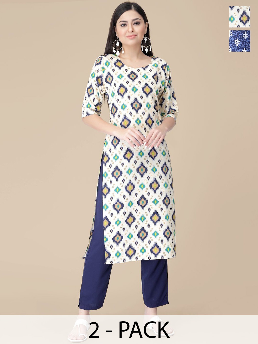 

7Threads Selection Of 2 Ethnic Motifs Printed Straight Kurta With Trousers, White