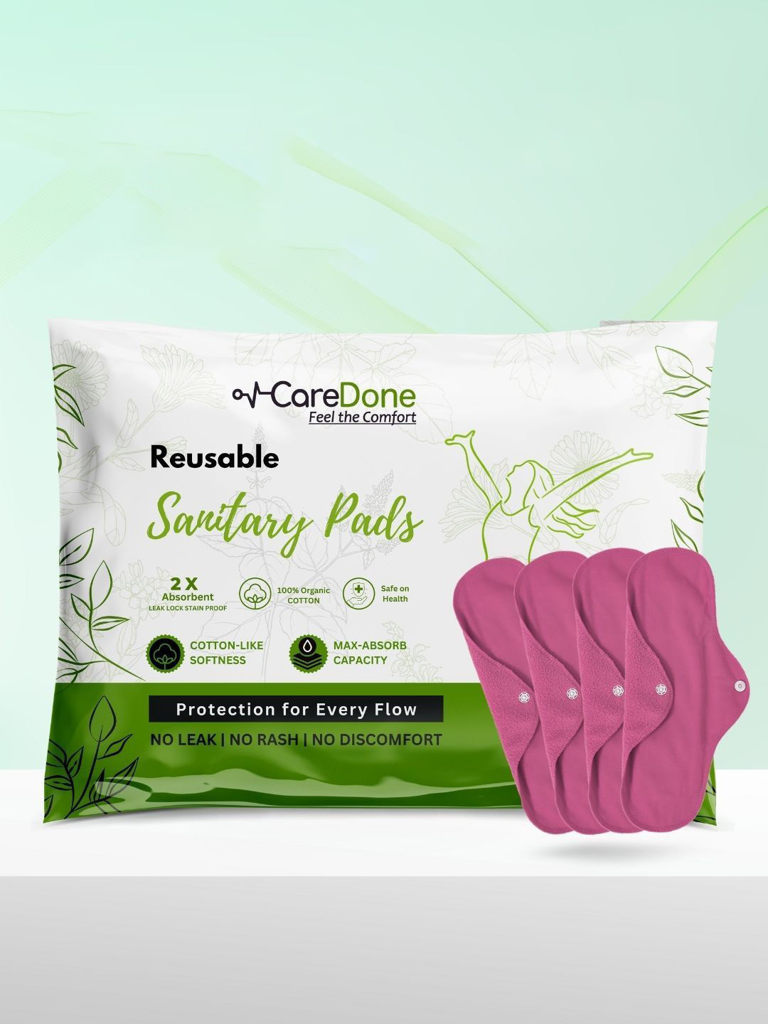 

CareDone Set Of 4 Washable & Reusable Comfty Extra Large Organic Cotton Sanitary Pads - Xl, Pink