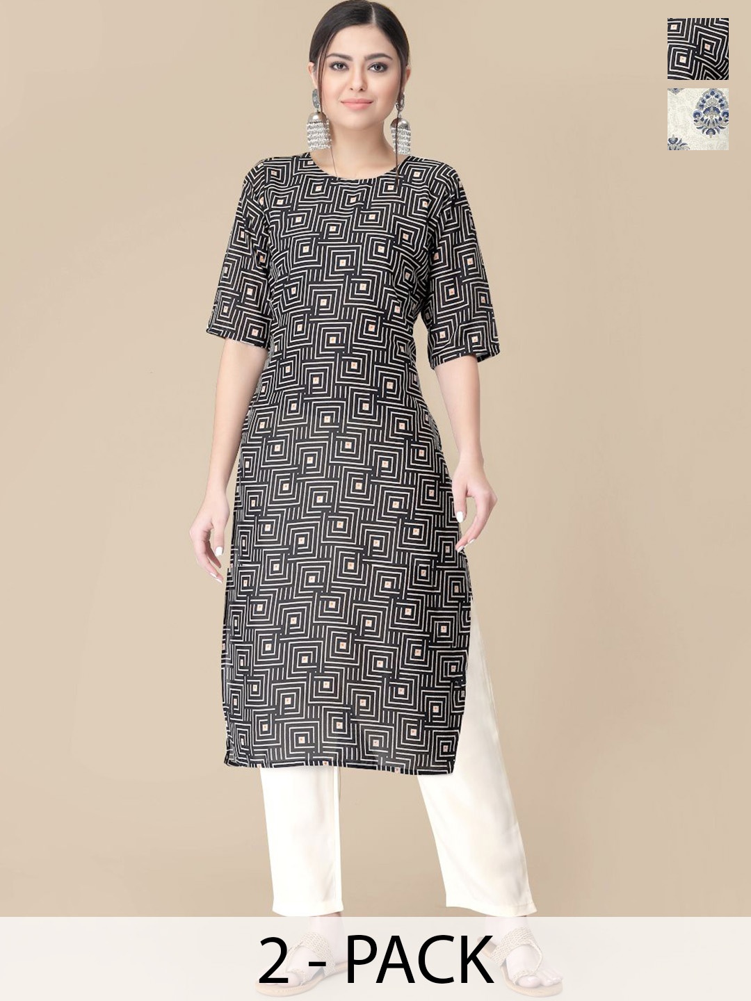 

7Threads Selection Of 2 Geometric Printed Straight Kurta With Trousers, Black