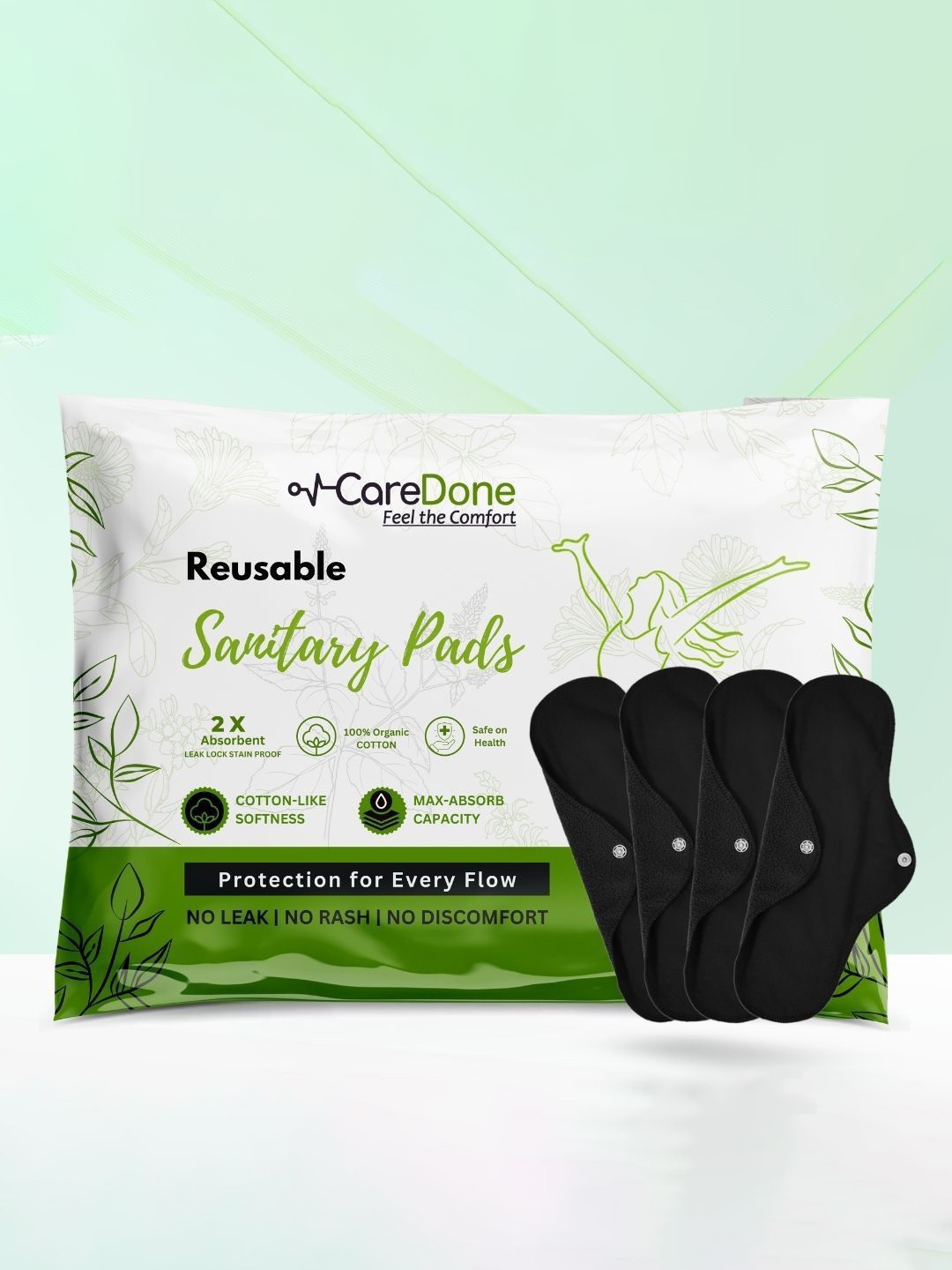 

CareDone Set Of 4 Washable & Reusable Comfty Extra Large Organic Cotton Sanitary Pads - Xl, Black