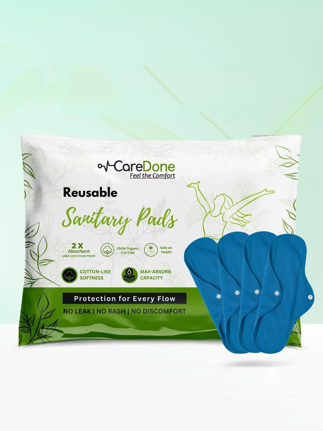 

CareDone Set Of 4 Washable & Reusable Comfty Extra Large Organic Cotton Sanitary Pads - Xl, Blue