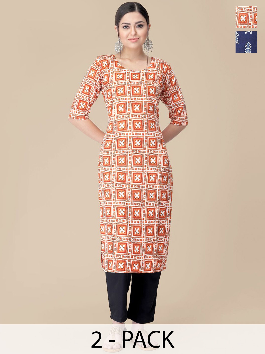 

7Threads Selection Of 2 Ethnic Motifs Printed Straight Kurta With Trousers, Orange