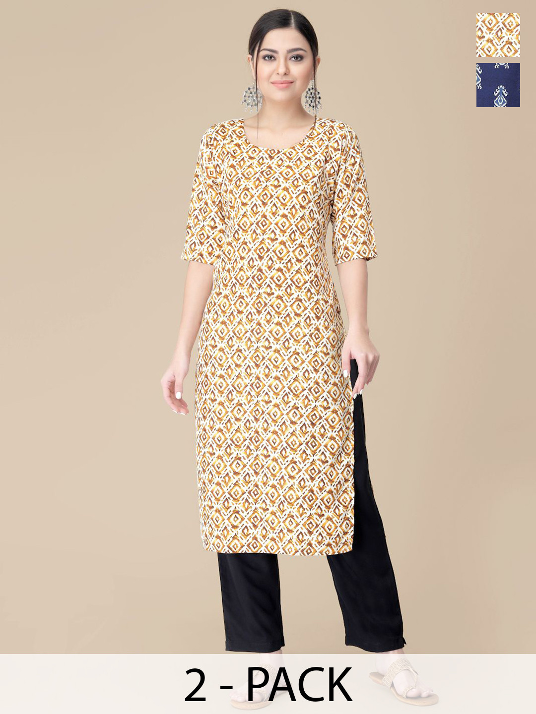 

7Threads Selection Of 2 Ethnic Motifs Printed Straight Kurta With Trousers, Beige