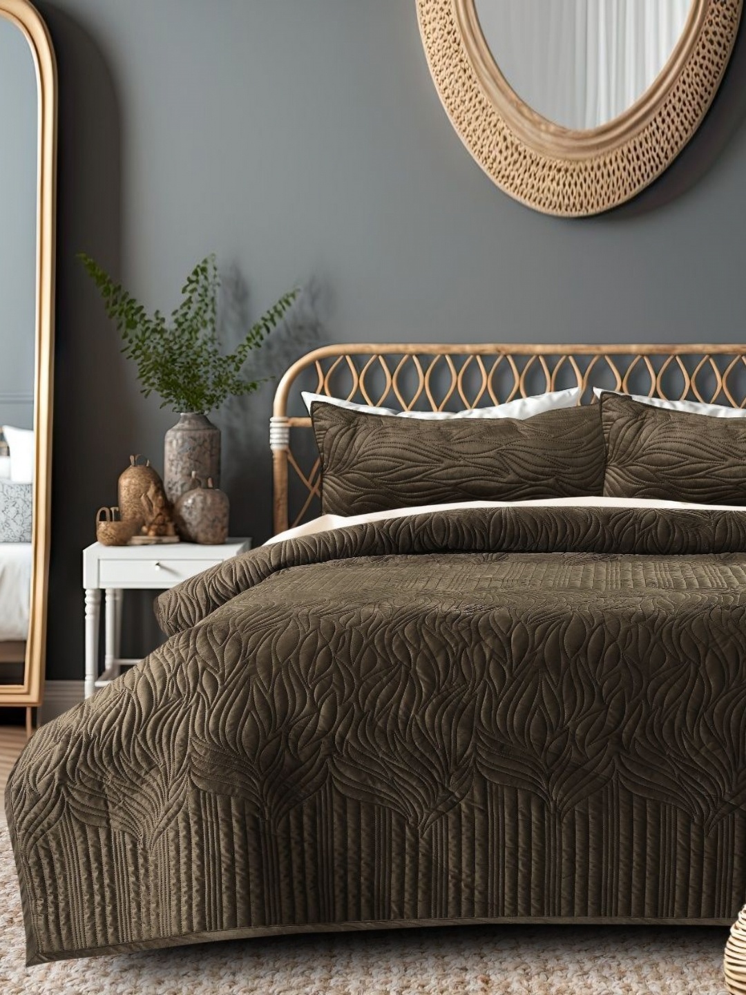 

HOSTA HOMES Brown Textured Velvet 280 GSM Queen Size Quilted Bed Covers & 2 Pillow Covers