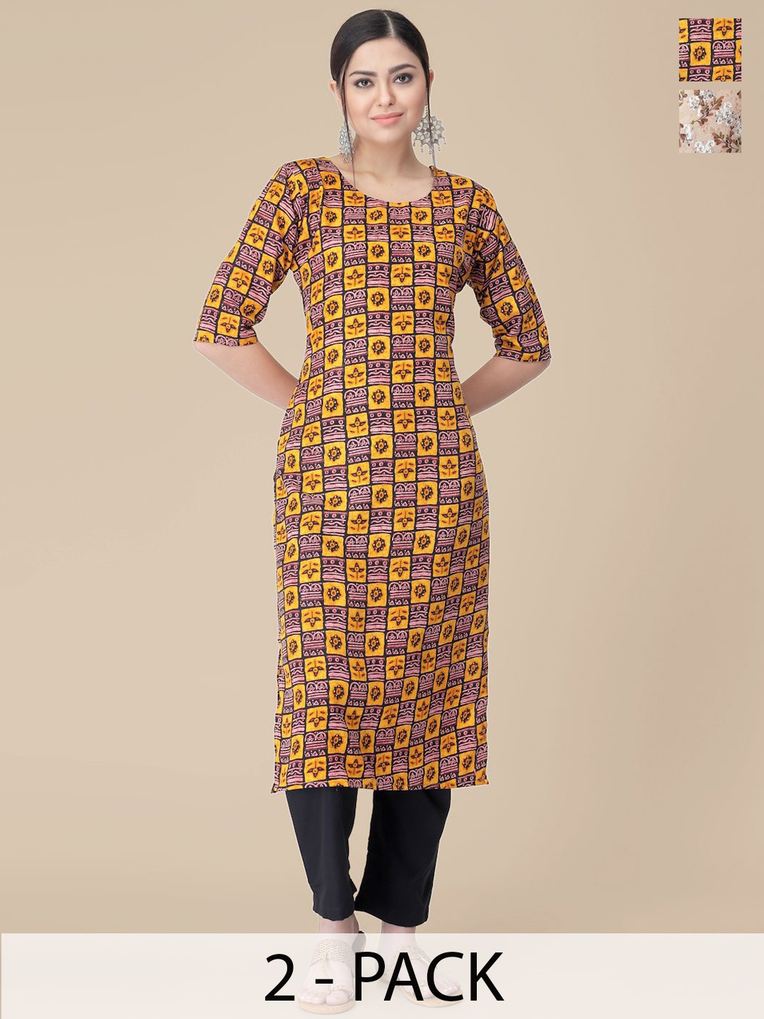 

7Threads Selection Of 2 Ethnic Motifs Printed Straight Kurta With Trousers, Yellow
