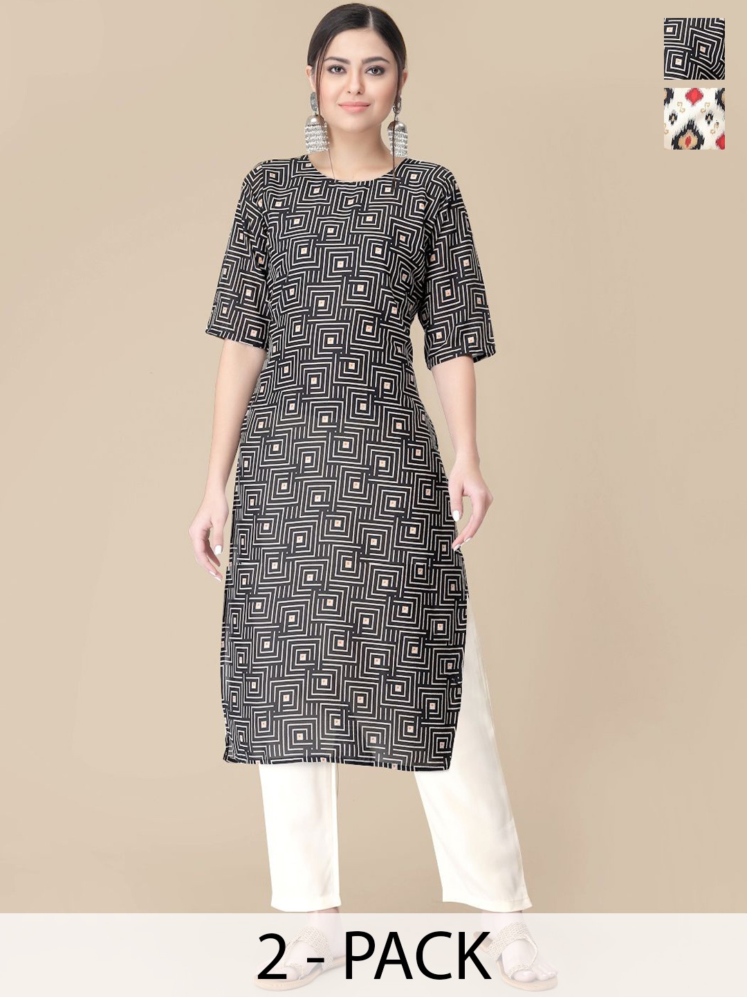 

7Threads Selection Of 2 Geometric Printed Straight Kurta With Trousers, Black