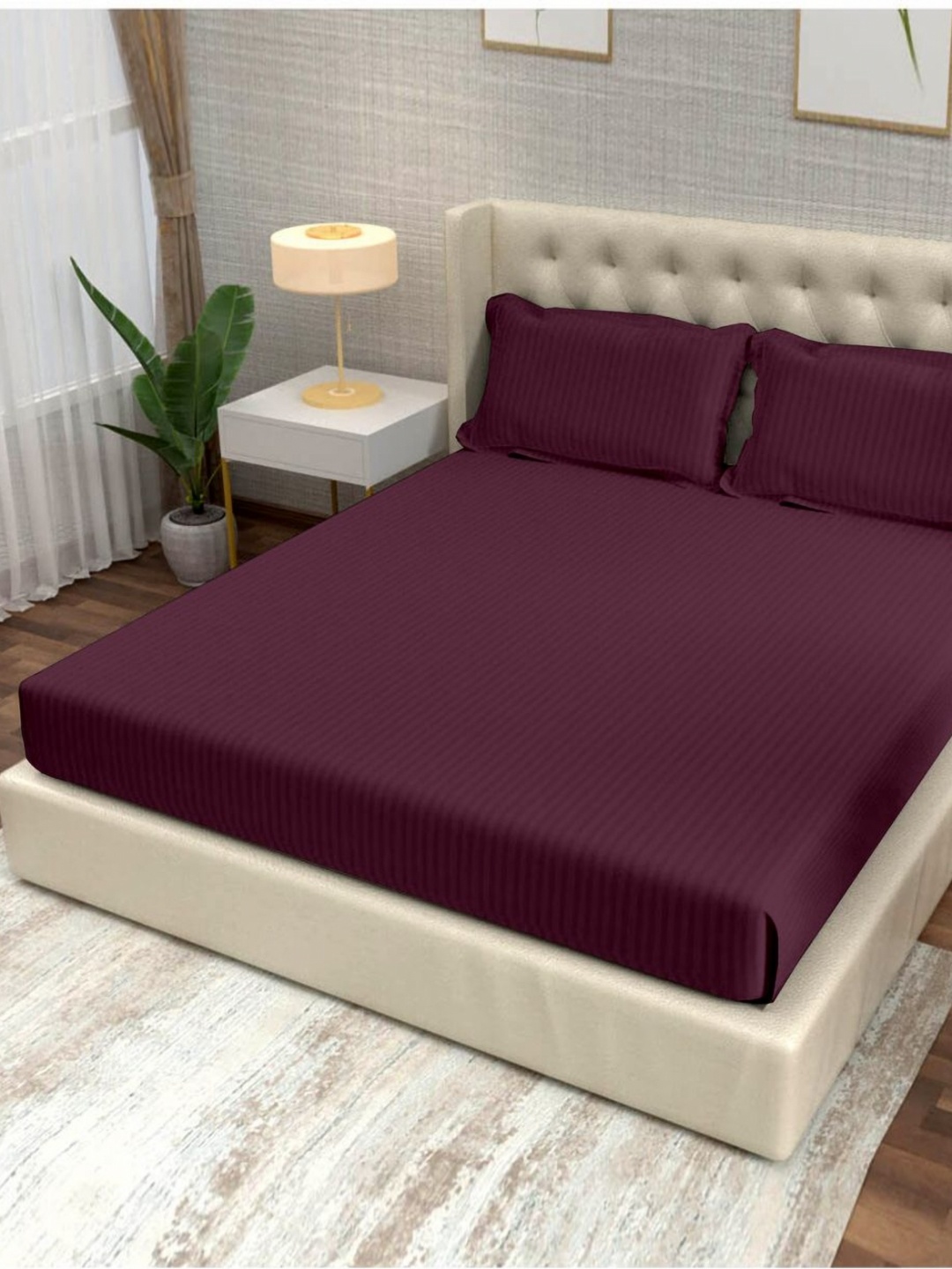 

Divine Casa Prisham Maroon Striped Pure Cotton 210 TC King Bedsheet Set 2.70 m x 2.70 m