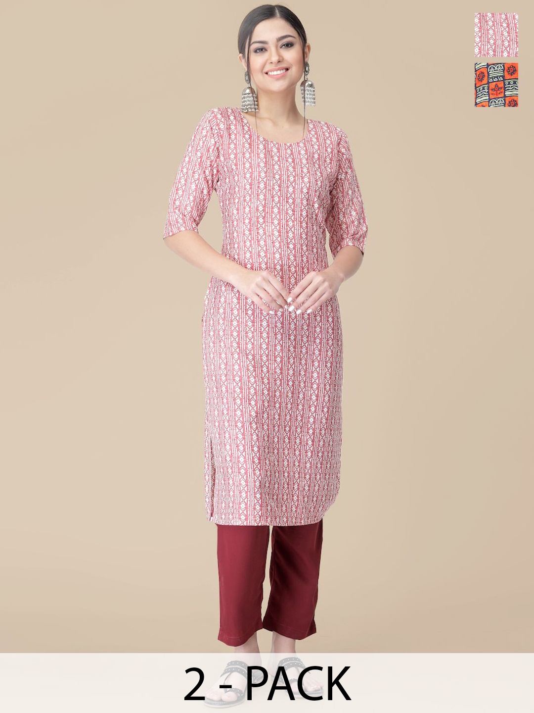 

7Threads Selection Of 2 Ethnic Motifs Printed Straight Kurta With Trousers, Pink