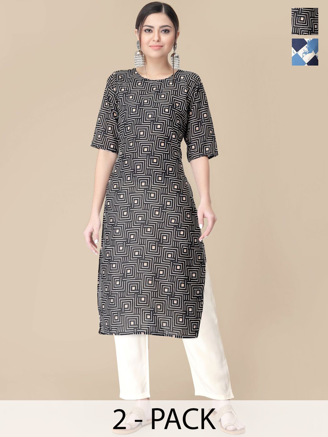 

7Threads Selection Of 2 Geometric Printed Straight Kurta With Trousers, Black