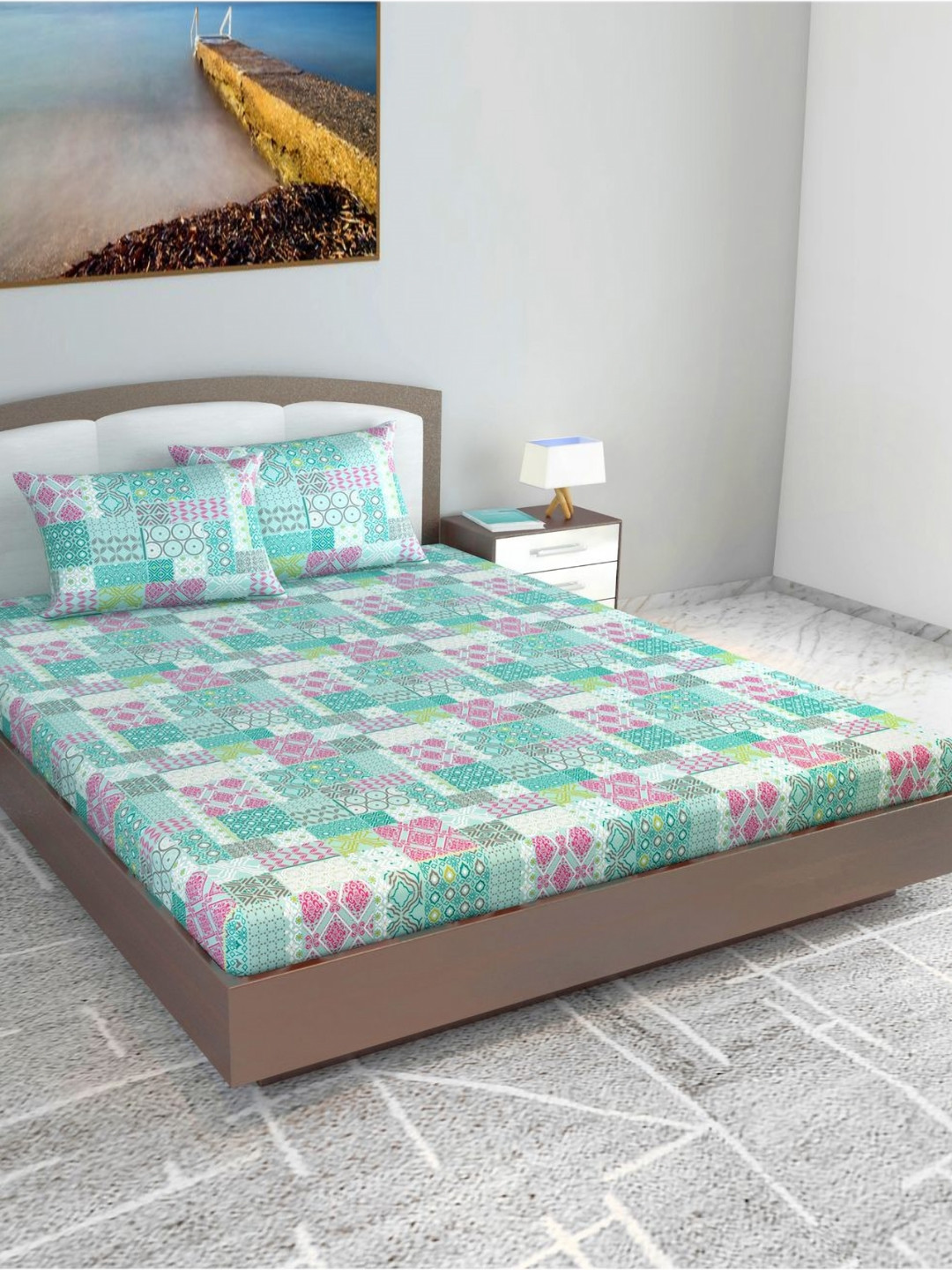 

Divine Casa Green & Pink Floral 144 TC King Bedsheet with 2 Pillow Covers