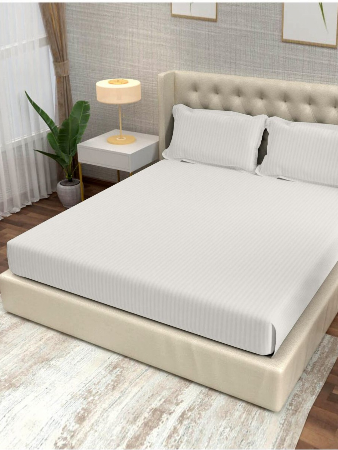 

Divine Casa Prisham White Striped Pure Cotton 210 TC King Bedsheet Set 2.70 m x 2.70 m