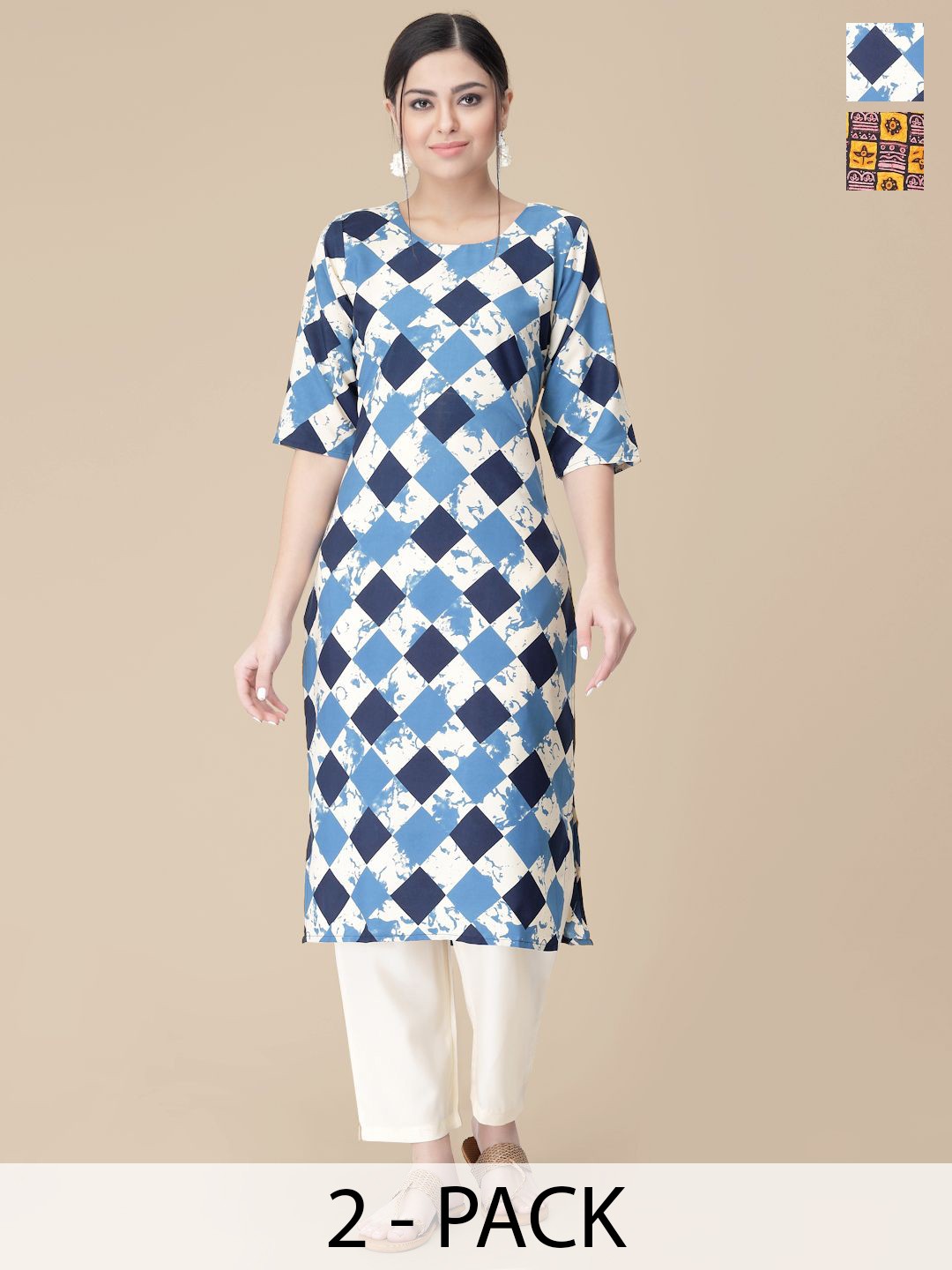 

7Threads Selection Of 2 Geometric Printed Straight Kurta With Trousers, White