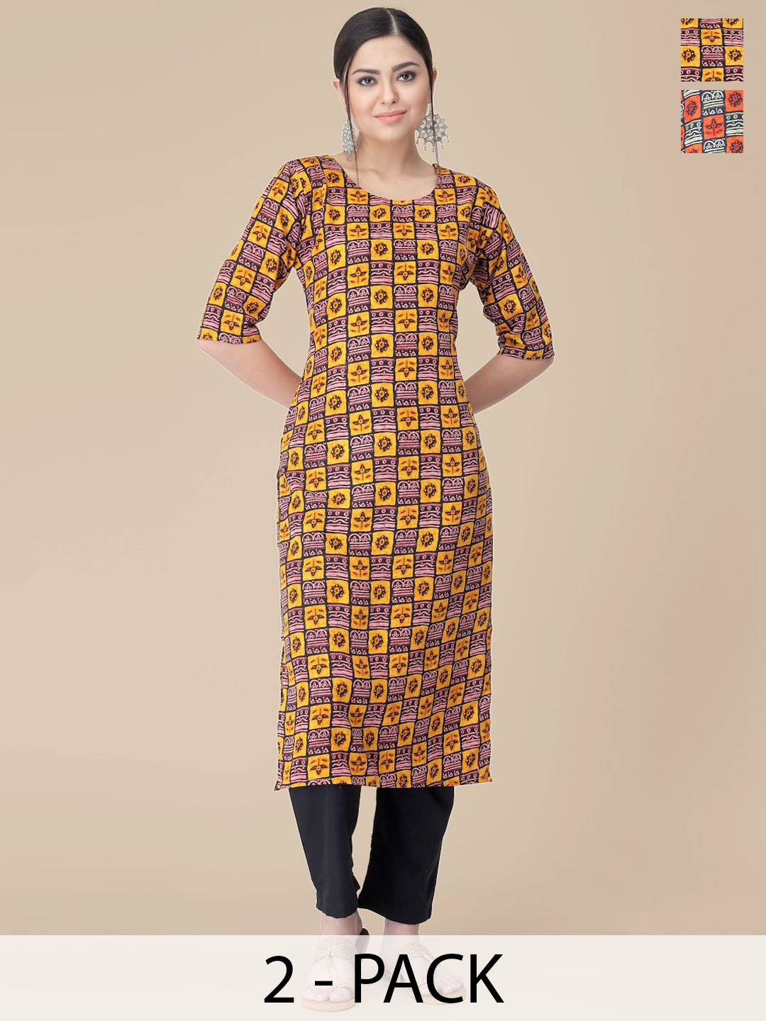 

7Threads Selection Of 2 Ethnic Motifs Printed Straight Kurta With Trousers, Yellow