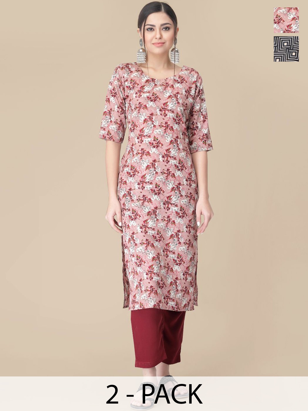 

7Threads Selection Of 2 Floral Printed Straight Kurta With Trousers, Pink