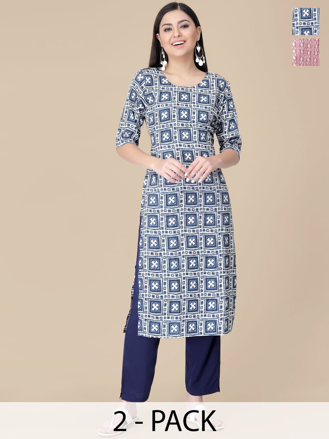 

7Threads Selection Of 2 Ethnic Motifs Printed Straight Kurta With Trousers, Blue