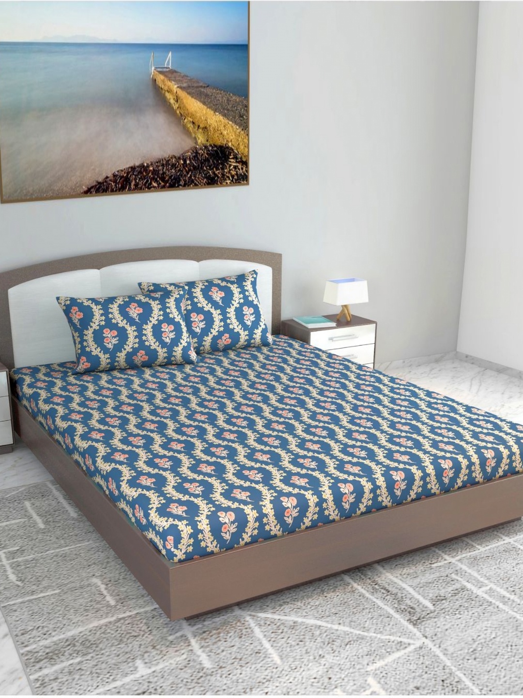 

Divine Casa Prisham Blue Printed 144 TC Cotton King Bedsheet Set-2.70 m x 2.70 m