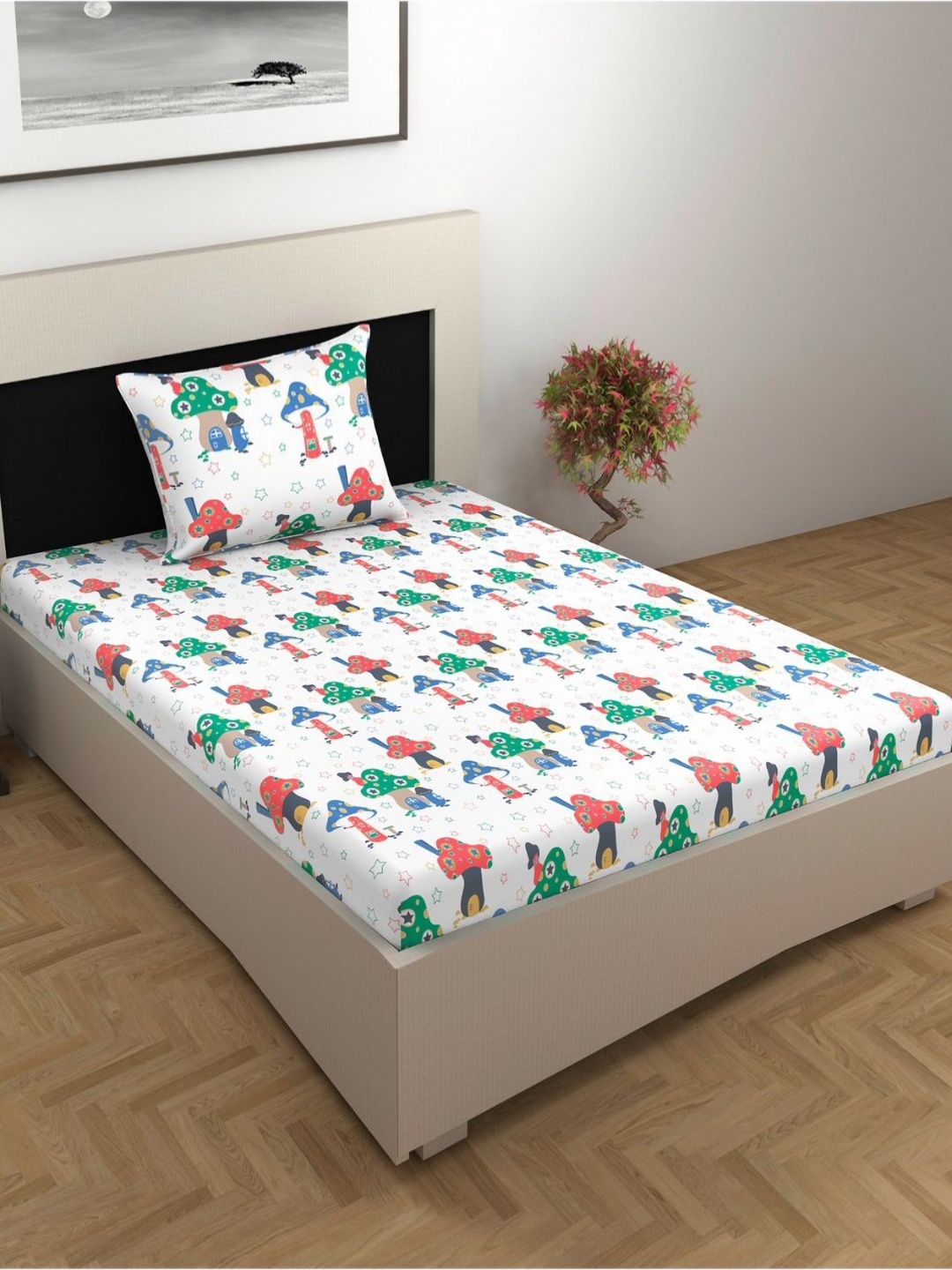 

Divine Casa Prisham Red Printed Pure Cotton 144TC Single Bedsheet Set- 2.23 m x 1.45 m, White