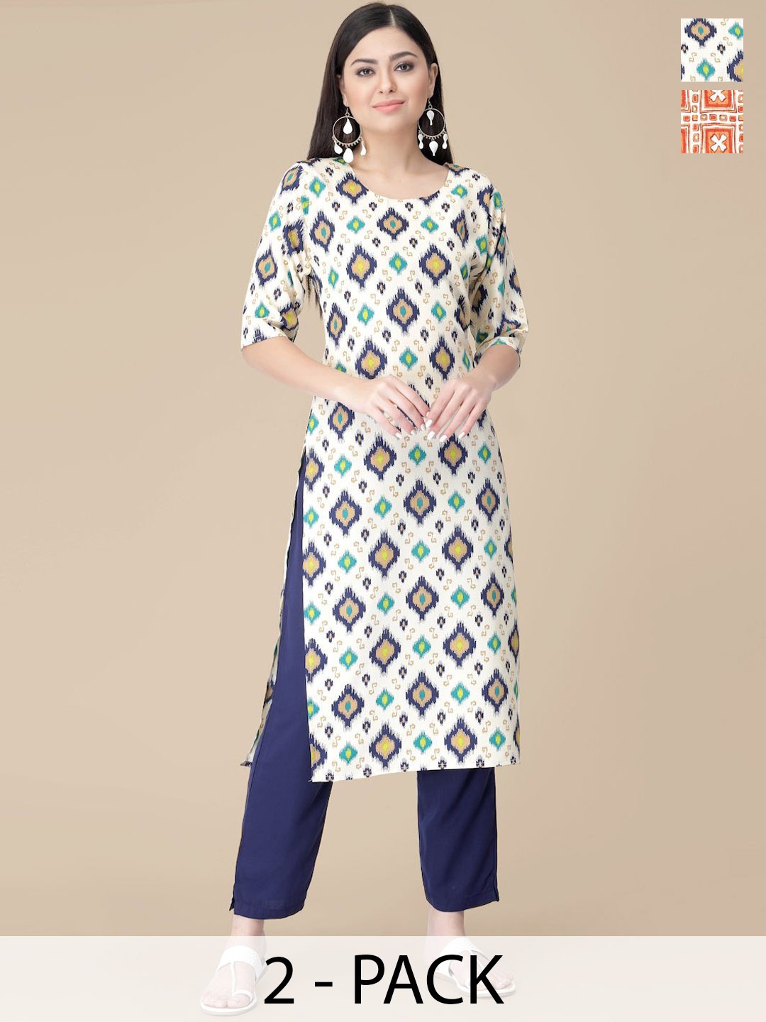 

7Threads Selection Of 2 Ethnic Motifs Printed Straight Kurta With Trousers, White