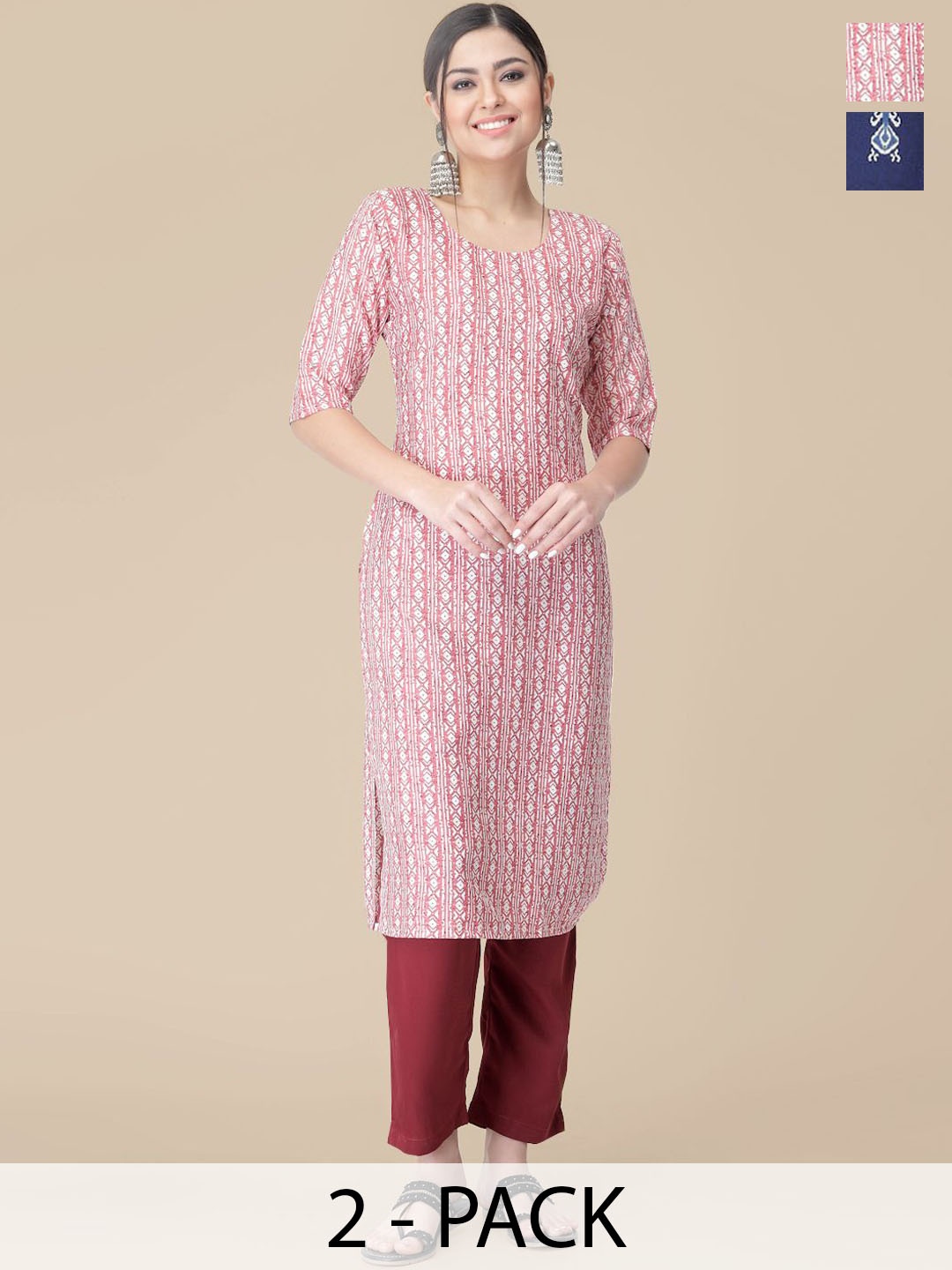 

7Threads Selection Of 2 Ethnic Motifs Printed Straight Kurta With Trousers, Pink