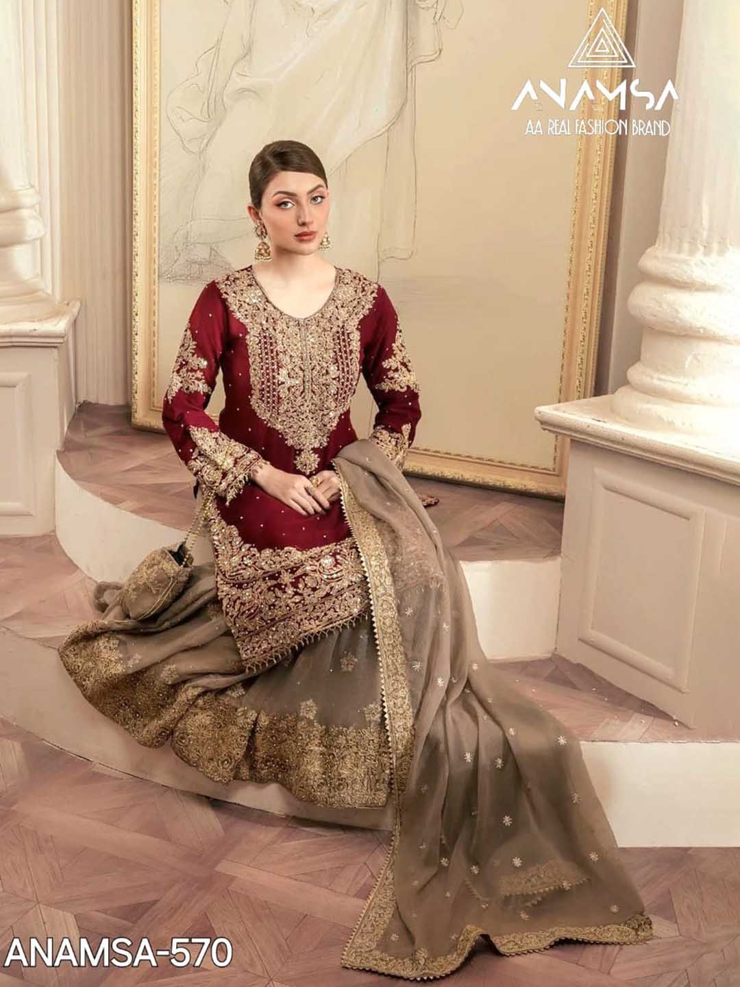 

ANAMSA Floral Embroidered Zari Semi Stitched Dress Material, Maroon