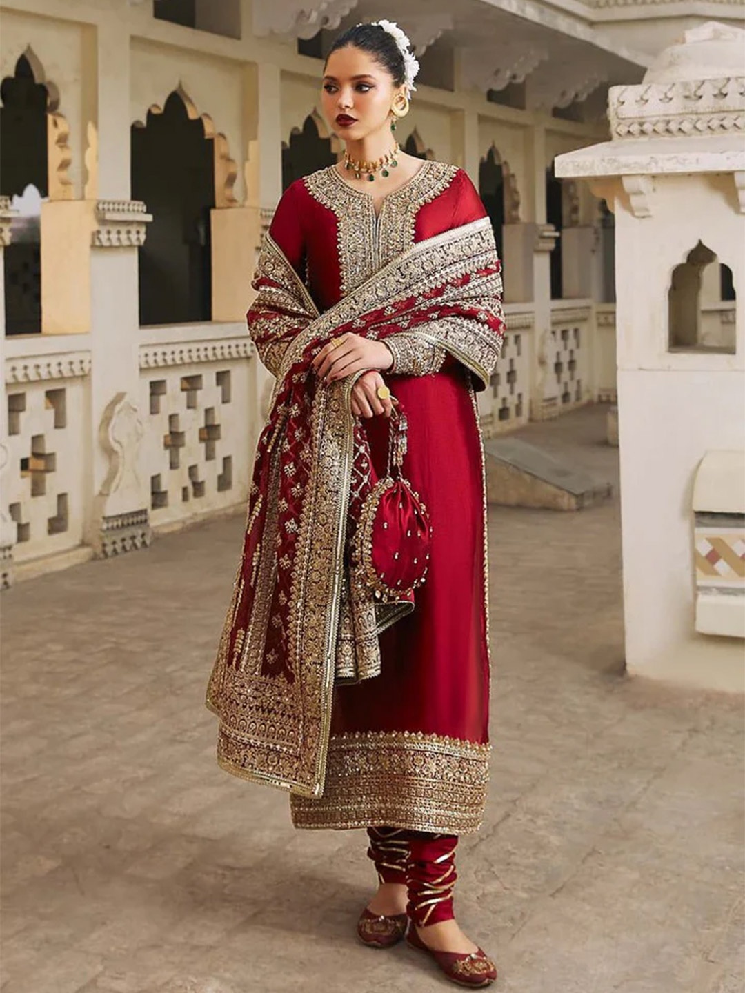 

ANAMSA Floral Embroidered Zari Semi Stitched Dress Material, Red