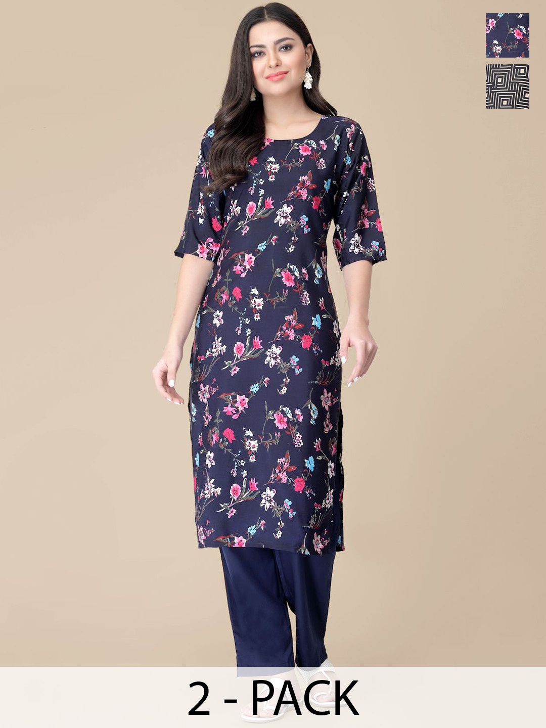 

7Threads Selection Of 2 Floral Printed Straight Kurtas With Trousers, Navy blue