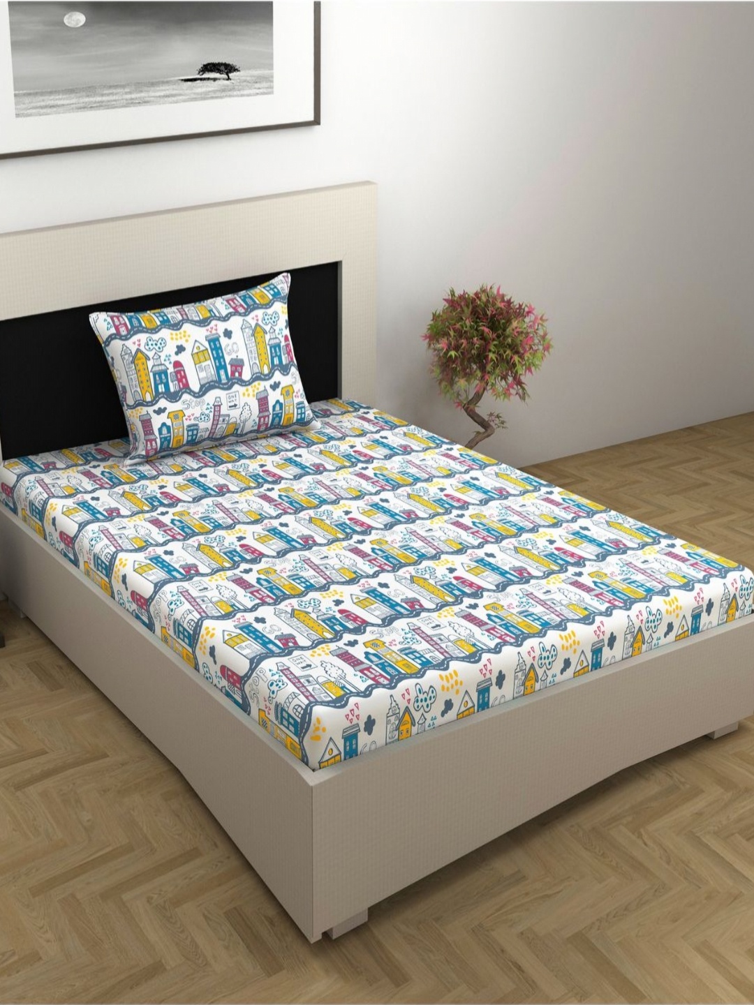 

Divine Casa Prisham White & Blue Printed 144 TC Single Bedsheet Set 2.23 x 1.45 m