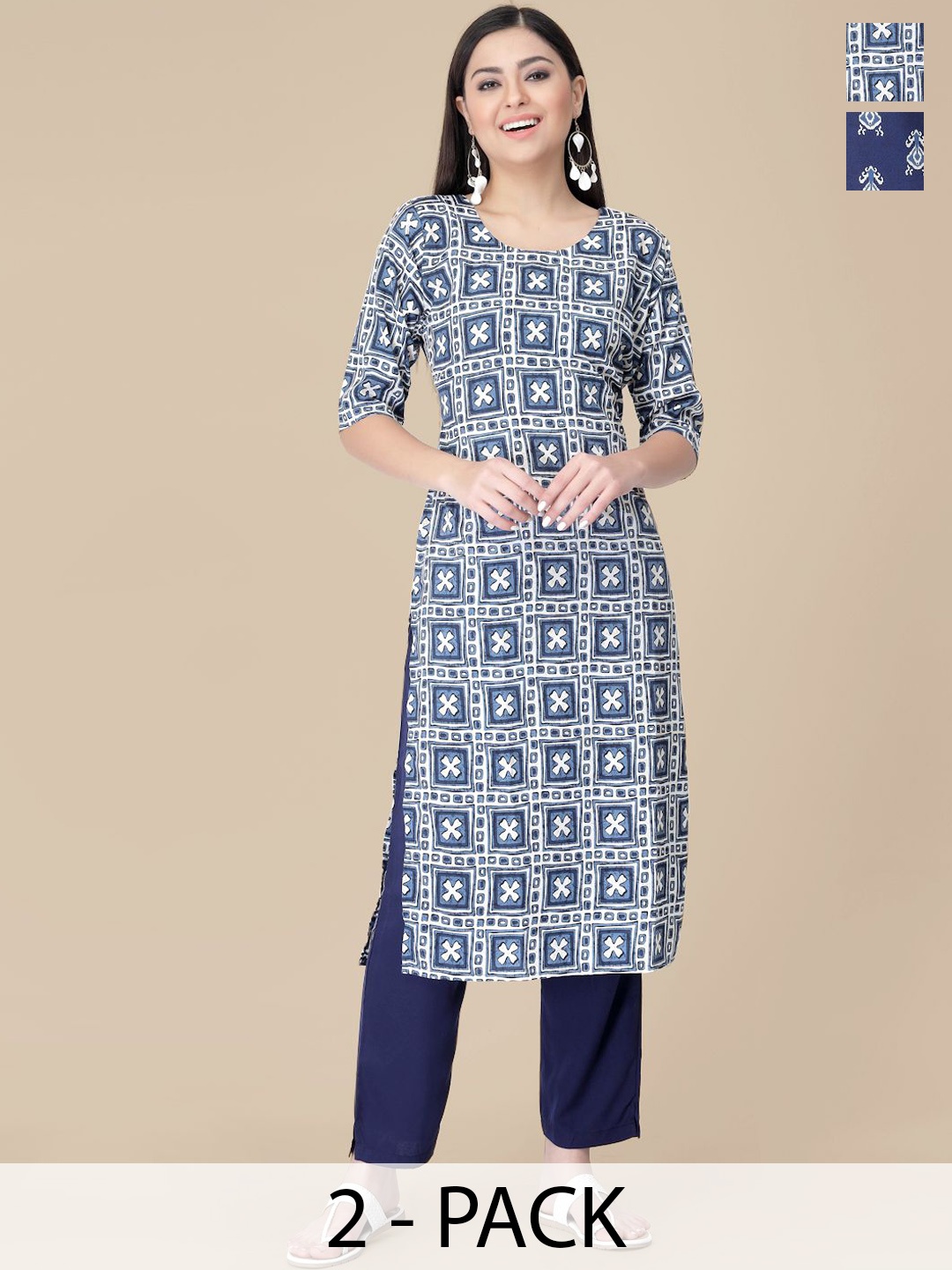 

7Threads Selection Of 2 Geometric Printed Kurtas With Trousers, Navy blue