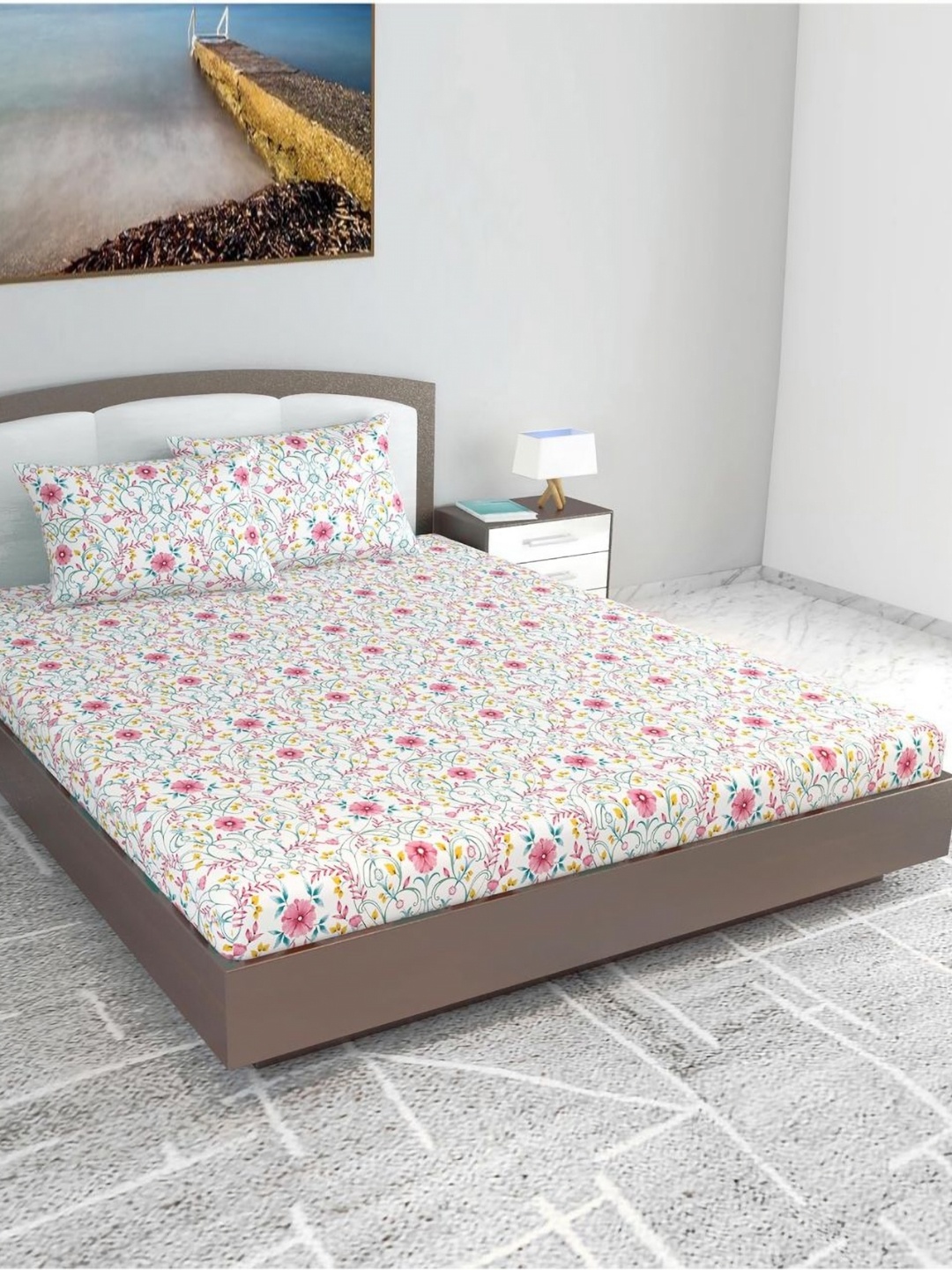 

Divine Casa Prisham White Printed Pure Cotton 144 TC King Bedsheet Set-2.70 m x 2.70 m